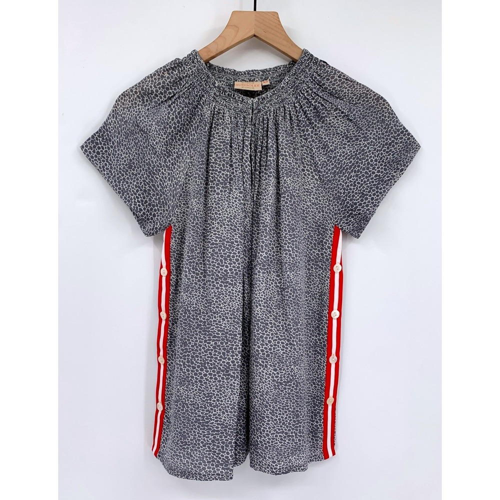 Rungolee Blouse Womens XS Gray Pebble Print Side Stripe Smocked Neck 100% Silk